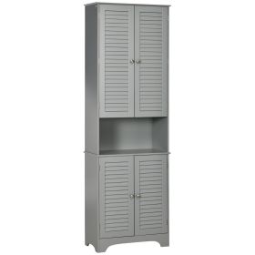 HOMCOM Freestanding Bathroom Linen Tower Tall Storage Cabinet Adjustable Shelves Double Door Grey