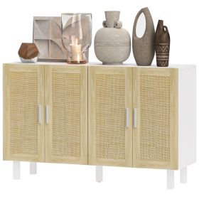 HOMCOM Boho Kitchen Cabinet, Buffet Cabinet with 4 Rattan Doors and Adjustable Shelves for Dining Room, White and Natural