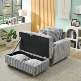 Grey corduroy single sofa with one pillow, two throw pillows, a footstool and two storage Spaces.