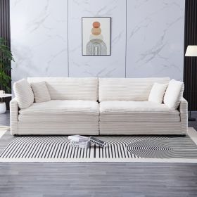 The 112-inch beige corduroy sofa, with two throw pillows and four backrests, has opened up a new style for the living room's leisure area