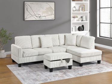 3pc Sectional Set RAF Chaise LAF Sofa Storage Ottoman Beige Color Corduroy Couch Pillows Modern Living Room