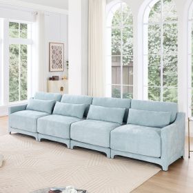 Four - seater chenille sofa with lumbar pillow,Ergonomic, solid wood frame, high - resilience sponge, easy install,Suits hotels, lounges,Sky blue
