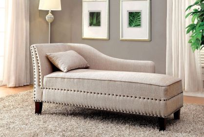 Beige Fabric Chaise / Bench Nailhead Trims Pillow Plush Comfort 1pc Chaise Living Room Furniture