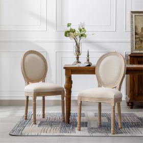 French Style Solid Wood Frame Linen Fabric Oval Back Dining Chair,Set of 2,Cream