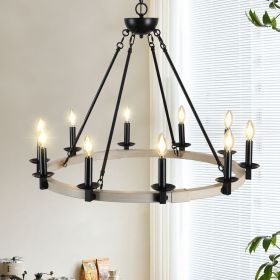 Rustic Farmhouse 10-Light Candle Chandelier, Black Metal and Wood Round Hanging Light Fixture for Dining Room, Kitchen, Living Room, Adjustable H