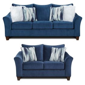 Camero Fabric Pillowback 2-Piece Living Room Set, Sofa and Loveseat, Navy Blue