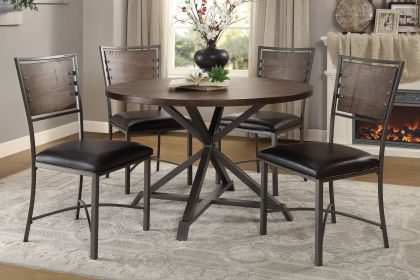 Rustic Industrial Style 5pc Dining Set Round Table and 4x Side Chairs Faux Leather Seat Metal Frame Burnished Brown Finish and Gray Metal Finish
