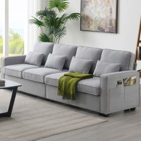 [VIDEO provided] [New] 104" 4-Seater Modern Linen Fabric Sofa with Armrest Pockets and 4 Pillows,Minimalist Style Couch for Living Room, Apartmen