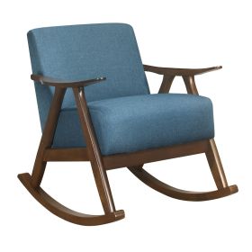 Modern Home Furniture 1pc Rocking Chair Blue Fabric Upholstered Dark Walnut Finish Wood Cushion Seat and Back