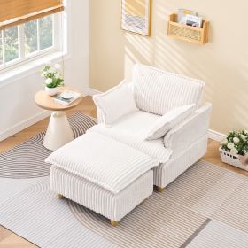 This single-seat corduroy sofa comes with an ottoman and throw pillows. It's perfect for sitting or lying down comfortably in the living room