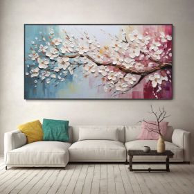 Original Floral Exquisite Canvas Mounted Art Boho Spring Texture Wall Decor 3D Hand-Painted Cherry Blossom Tree Oil Painting Minimalist Room (style: 01, size: 40x80cm)