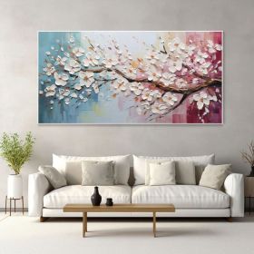 Original Floral Exquisite Canvas Mounted Art Boho Spring Texture Wall Decor 3D Hand-Painted Cherry Blossom Tree Oil Painting Minimalist Room (style: 01, size: 60x120cm)