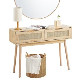 VEVOR Rattan Console Table with 2 Storage Drawers Rattan Sliding Door Natural (Color: Wood Color, Form: Without Shelf)
