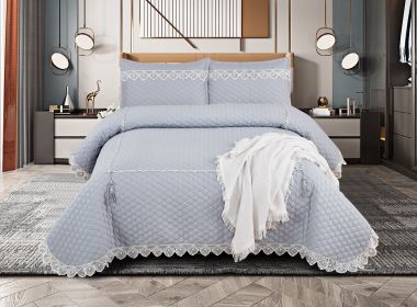 5pcs Big Lace Edge European Noble Bedding Set, Tassel Pendant ,Bamboo Fiber Bedspread Set (Color: Sky Blue, size: KING)