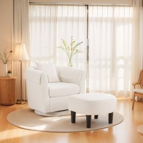 Swivel Accent Chair with Ottoman Set, Modern Chenille Barrel Armchair with Removable Back Pillow & 2 Armrest Covers for Living Room, Bedroom, Off (Main Color: White, Main Material: Chenille)